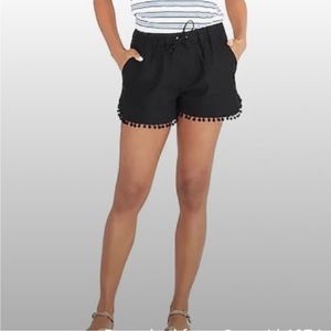 J. Crew Factory 3” Pom-Pom Linen-Cotton Drawstring Shorts in Black